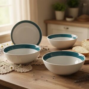 Gibson Everyday White With Green Band 4 Soup Cereal Bowls
